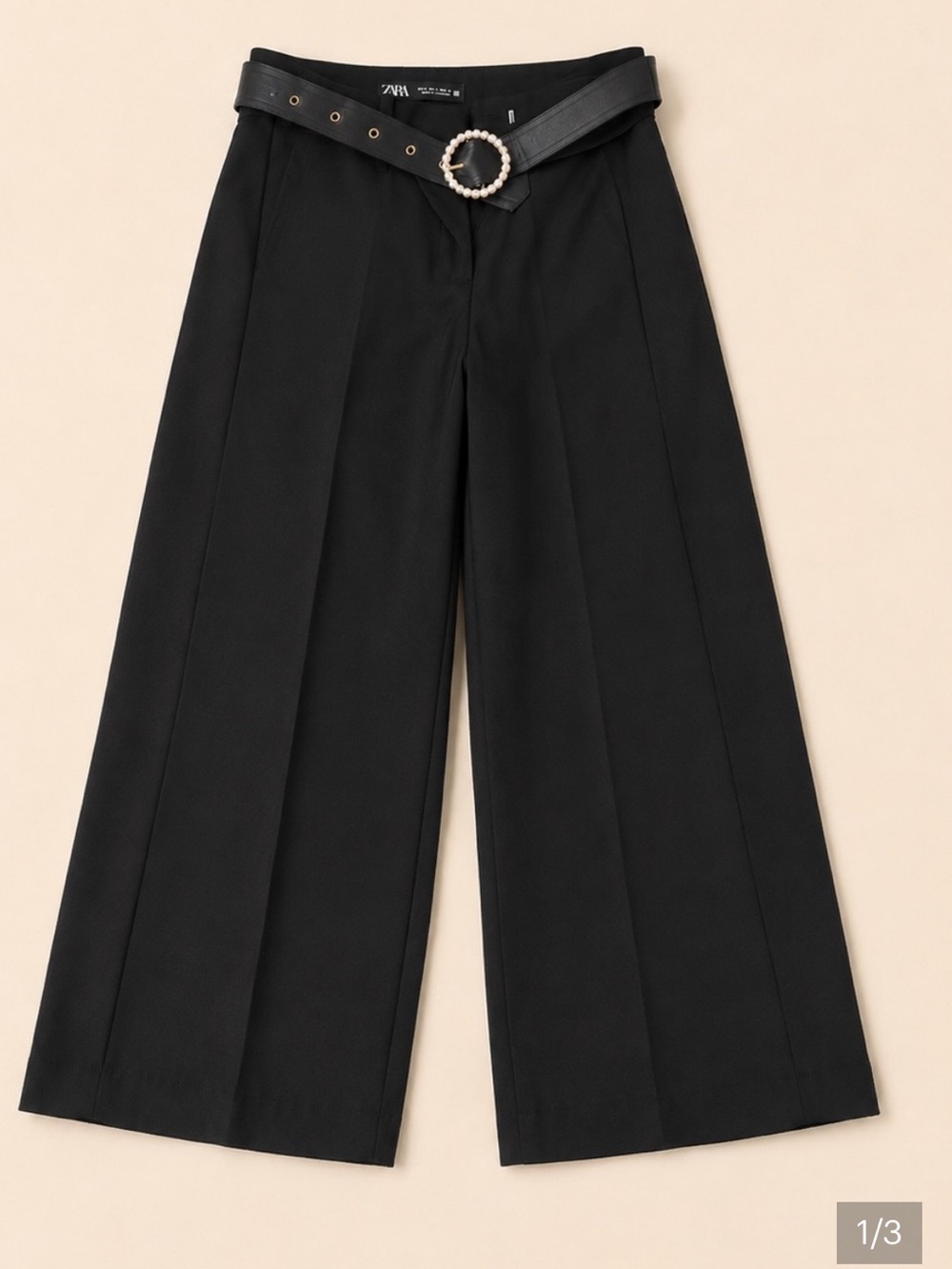 ZARA women’s Black Wide-Leg high rise trousers/pants with pearl Buckle Belt NWOT